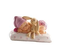 dekora - Décoration Baptême Fille, Figurine en résine, Bébé avec Peluche, 10 cm de Hauteur, Décoration Gâteau Baptême, Design Original et Détaillé, Cake topper Apte au Contact Alimentaire
