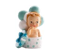 dekora - Décoration Baptême Garçon, Figurine en résine, Bébé avec Cadeau et Ballons, 10 cm, Décoration Gâteau Baptême, Design Original et Détaillé, Cake topper Apte au Contact Alimentaire