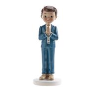 dekora - Figurine de décoration Première Communion garçon avec Chapelet Bleu 16 cm, Décoration pour gâteau de communion, Cake topper apte au contact alimentaire