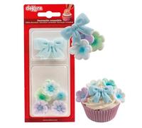 dekora - Fleurs en sucre pour gâteau, décorations comestibles avec 7 fleurs et 2 nœuds bleus, décors prêts à poser pour cupcakes, baby shower, gender reveal et pâtisserie créative