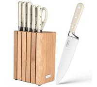 Deleca Verona set couteaux cuisine 7 pièces, bloc magnétique en chêne, acier inoxydable 1.4116 couteau chef santoku pain office et ciseaux, Beige