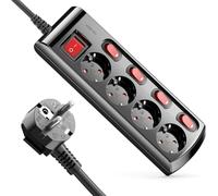 deleyCON Bloc Multiprise 4 Prises Commutable Individuellement Câble de 1,4m (4X Interrupteur Marche/Aarrêt et 1x Interrupteur Principal) Courant Barrette Électrique Prise Multiple - Noir