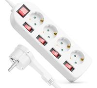 deleyCON Multiprise 4 Prises avec Fiche Plate - Interrupteur on/Off - Commutable Individuellement - 5m Câble - Bloc Multiprise Distributeur Rallonge Alimentation Usage Domestique 3680W - Blanc