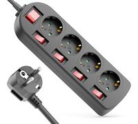 deleyCON Multiprise 4 Prises - Interrupteur on/Off - Commutable Individuellement - 3,0m Câble - 4X Prise Bloc Multiprise Distributeur Rallonge Alimentation Usage Domestique Bureau 3680W 16A - Noir