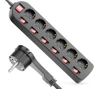deleyCON Multiprise 6 Prises avec Fiche Plate - Interrupteur on/Off - Commutable Individuellement - 1,4m Câble - Bloc Multiprise Distributeur Rallonge Alimentation Usage Domestique 3680W - Noir