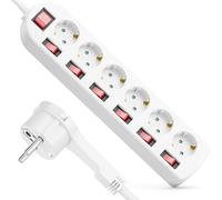 deleyCON Multiprise 6 Prises avec Fiche Plate - Interrupteur on/Off - Commutable Individuellement - 1,4m Câble - Bloc Multiprise Distributeur Rallonge Alimentation Usage Domestique 3680W - Blanc