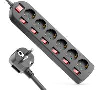 deleyCON Multiprise 6 Prises - Interrupteur on/Off - Commutable Individuellement - 5m Câble - 6X Prise Bloc Multiprise Distributeur Rallonge Alimentation Usage Domestique Bureau 3680W 16A - Noir