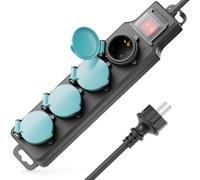 deleyCON Multiprise Extérieure 4 Prises - avec Interrupteur - IP44 avec 1,4m Câble - Bloc Multiprise pour Usage Extérieur 4X Connexions avec Couvercle - Idéal pour Jardin Terrasse Balcon Cave Garage