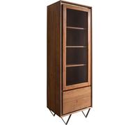 Buffet-Haut Stonegrace 60x180 cm acacia marron plaqué pierre 1 porte 2 tiroirs pied en V noir