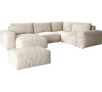DeLife Grand canapé d'angle Lanzo Velours côtelé Beige 300x210 cm méridienne réversible avec Pouf