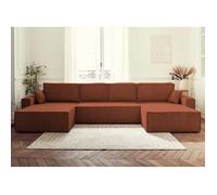 Dellia - canapé panoramique en U - 7 places - convertible - avec coffre - en velours côtelé - Terracotta
