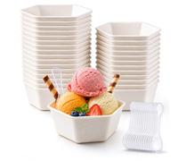 dellyy 50 Pcs Gobelets à Glace en Papier 118 ml, Biodégradables Coupes à Glace avec Cuillères, Bol Carton Jetable pour Dessert, Frozen Yogurt & Soupe, Étanche & Résistant, Vaisselle Jetable pour Fête