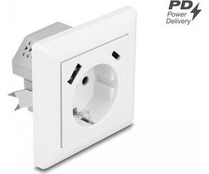 Delock - Prise de courant - avec PD 3,0, 18 W - 2P+E - type F, USB, USB type C - avec verrouillage - simple - 1 prise de courant, 1 port USB, 1 prise USB-C - 3 A - blanc (11499)