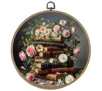 DELORIGIN Livres fleurs vintage art mural décoration florale ronde en bois cadre toile art mural impression avec crochet en métal maison œuvre d'art suspendue tableau pour chambre à coucher, salon