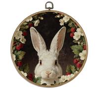 DELORIGIN Tableau de Lapin avec Cadre 25 cm Couronne de Baies Ronde avec Crochet Vintage Oeuvres d'Art Florales pour Salon, Couloir et Cage d'Escalier