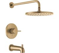 Delta Robinet moderne Raincan rond à fonction unique pour baignoire et douche, ensemble de robinets de baignoire, pommeau de douche à effet pluie doré, kit de douche Delta bronze champagne T14469