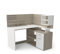 Demeyere Bureau d'angle en Bois Recomposé Couleur Chêne et Blanc, 116 x 122 x 120 cm, 1 Tiroir, 1 Placard avec Portes et Nombreux Rangements, Design Contemporain