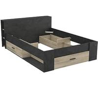 Demeyere Lit avec Rangement 140x190 Industriel 3 Tiroirs - Coloris Noir Mat & Chêne - 150,1 x 217,1 x 74,3 cm