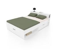 Demeyere Lit Deux Places 140 x 190 cm, Blanc Mat, Nombreux Rangements: 2 Tiroirs sous Le lit, Niches, Tête de Lit en Bois avec Etagère, Sommier Non Fourni, Peut Convenir à Un Matelas 140x200 cm