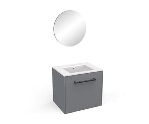 Demeyere Meuble De Salle De Bain avec Miroir & Vasque, 2 Tiroirs Et Porte-Serviette Tendance en Bois Eco-Responsable - Coloris Gris Foncé & Finitions Noires - 47,3 x 55 x 61,2 cm