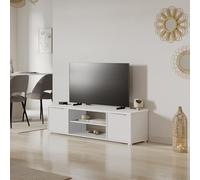 Demeyere Meuble TV Blanc pour Télévision Jusqu'à 60 Pouces, 151x40x39 cm, 2 Placards avec Portes, 1 Niche et 1 Rayon Ouvert, Idéal pour Ranger Téléviseur, Consoles de Jeux, Electronique, Câbles…