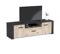 Demeyere Meuble TV pour Télévision Jusqu'à 60 Pouces, 151x40x39 cm, en Bois Recomposé Couleur Chêne et Ebène 2 Placards avec Portes, 1 Niche et 1 Rayon Ouvert