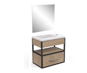 Demeyere Meuble Vasque avec Miroir & 1 Tiroir en Bois Eco-Responsable - Coloris Chêne Hamilton & Finitions Noires - Salle De Bain Gamme Line - 25 x 27 x 40, 3 cm