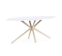 Demeyere Table Ovale 4 à 8 Personnes pour Cuisine et Salle à Manger 180x90 cm, Plateau en Céramique Imitation Marbre et Pieds Entrelacés Finition Bois Chêne au Desing Contemporain