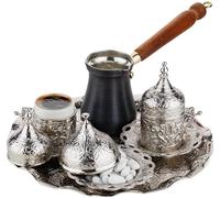 DEMMEX Ensemble complet de 12 pièces pour fabrication de café turc, grec, arabe avec tasses, soucoupes, couvercles, sucrier et cafetière en cuivre, décoré à la main avec des cristaux dorés, argenté