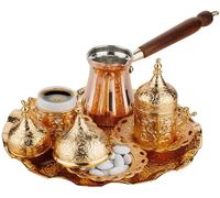 DEMMEX Ensemble complet de 12 pièces pour fabrication de café turc, grec, arabe avec tasses, soucoupes, couvercles, sucrier et cafetière en cuivre, décoré à la main avec des cristaux dorés, 12 pièces