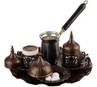 DEMMEX Lot complet de 12 tasses à café turc, grec, arabe avec tasses, soucoupes, couvercles, sucrier et cafetière en cuivre