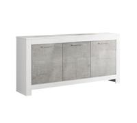 DENAE - Buffet 3 Portes L160cm Laqué Blanc Brillant et Gris Marbré