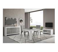 DENAE - Ensemble Salon Séjour Blanc et Gris Marbré Meuble TV + Buffet 3 Portes + Table 100cm