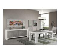 Ensemble Séjour Blanc et Gris Marbré Table 160cm + Buffet 4 Portes - DENAE -