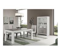 Ensemble Séjour Blanc et Gris Marbré Table 190cm + Vitrine 4 Portes avec Leds - DENAE - ALTOBUY Gris G