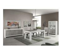 DENAE - Ensemble Séjour Complet Blanc et Gris Marbré Table 160cm + Buffet + Vitrine Leds