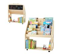 DENMOSTY Montessori Bibliothèque pour enfant, avec roulettes et tableau, 5 étages, en bois, étagère de rangement pour jouets, couleur naturelle