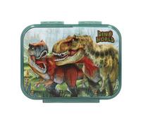 Depesche 13401 Dino World Bite - Boîte à goûter en Vert foncé, avec Motif de Dinosaure et Paysage, boîte à déjeuner avec 3 Compartiments et Couvercle à charnière