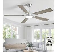 Depuley Ventilateur de plafond de 52 pouces avec éclairage: Ventilateur de plafond nickelé pour l'intérieur et l'extérieur - Ventilateur moderne avec télécommande et 5 pales argentées réversibles