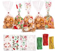 DERAYEE 120 Pièces Sachets de Bonbons de Noël avec Cravate Torsadées,Sacs de Cellophane Noël,4 Motifs Différents Sacs Transparents pour Bonbons Biscuits Chocolat
