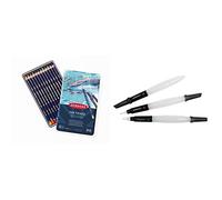 Derwent Inktense - Set de 12 Crayons de Couleurs Aquarellables Permanents & Lot de 3 Pinceaux Waterbrush pour Peinture Aquarelle, Embouts Biseauté, Fin et Moyen Inclus, Qualité Professionnelle