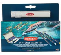 Derwent Inktense Wash Set - Boîte de 8 Crayons Aquarellables avec Spritzer, Pinceau Waterbrush & Pinceau, pour Dessin / Coloriage / Peinture sur Papier & Tissu, Qualité Professionnelle (2302584)