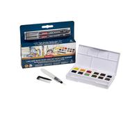 DERWENT Line et Wash - Palette de Peintures Aquarelles avec 14 Demi-Godets de Peinture et Feutres Fins, Idéale pour les Croquis Urbains, Qualité Professionnelle, Format Voyage, 2306245