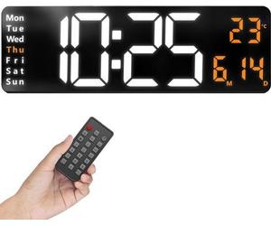 Description de l'horloge 1 XXL blanche/orange : horloge murale numérique avec affichage de la température, grande horloge numérique à LED lumineuse sans tic-tac