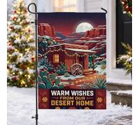 Desert Home Drapeau de Noël pour maison de vœux 30,5 x 45,7 cm | Décoration sud-ouest, drapeau de cour, paysage désert, guirlande lumineuse, pleine lune, salutations festives