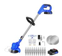 Désherbeur sans fil 21 V, 1000 tr/min, Coupe-bordures électrique avec 1 x batterie 1,5 Ah et chargeur, 10 lames métalliques, 2 lames de scie circulaire, tête réglable, barre télescopique