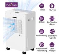 Déshumidificateur électrique, capacité de 10 litres par jour, adapté aux pièces jusqu'à 50 mètres carrés. Réservoir d'eau de 1500 ml avec tuyau de vidange. Affichage numérique, minuterie et arrêt auto