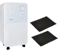 Déshumidificateur et purificateur d'air + 2 filtres à charbon actifs C2, capacité maximale de 13,5 litres par jour, pour des pièces jusqu'à 25 m²/63 m³, puissance maximale de 180 W, tuyau d'évacuation