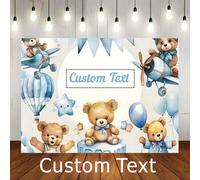 Design de texte personnalisé, fond d'ours aviateur bleu, ballon à air chaud bleu avec étoile, drapeau, design d'ours en peluche mignon, convient pour les arrière-plans de photographie d'anniversaire e