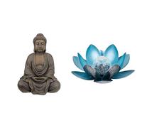 Design Toscano Bouddha Méditatif du Grand Temple Statue de Jardin, Moyen 66 cm, polyrésine, Pierre Grise & Dehner Lotus Lampe solaire en métal Argenté/Bleu Ø 27,5 cm Hauteur 12 cm